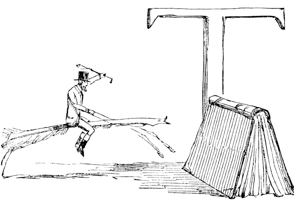 an 1856 illustration of a man riding a quill pen toward a book