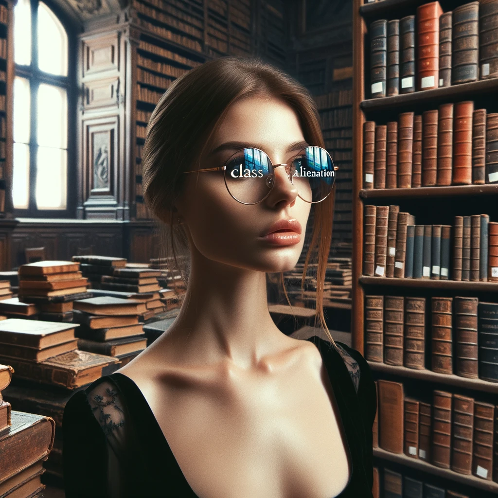 This illustration depicts as woman who is looking through glasses that say "class" and "alienation"