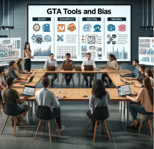 an illustration of a class of students with a projector on the back "GTA Tools and Bias"