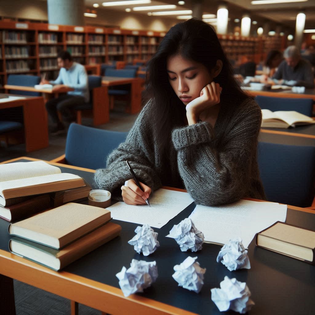 An illustration depicts a college student writer sitting alone at a desk in a campus library setting. She appears deep in contemplative thought, brow furrowed in concentration as she writes by hand in a notebook. The desk surface in front of her is cluttered with open books, scattered articles and papers, and crumpled drafts - visual representations of her writing process. The warm lighting and woodtones of the library create an atmosphere conducive to focused studying and composition. Despite the solitude of the scene, it conveys the diligent work and persistence behind acts of academic writing and creativity.