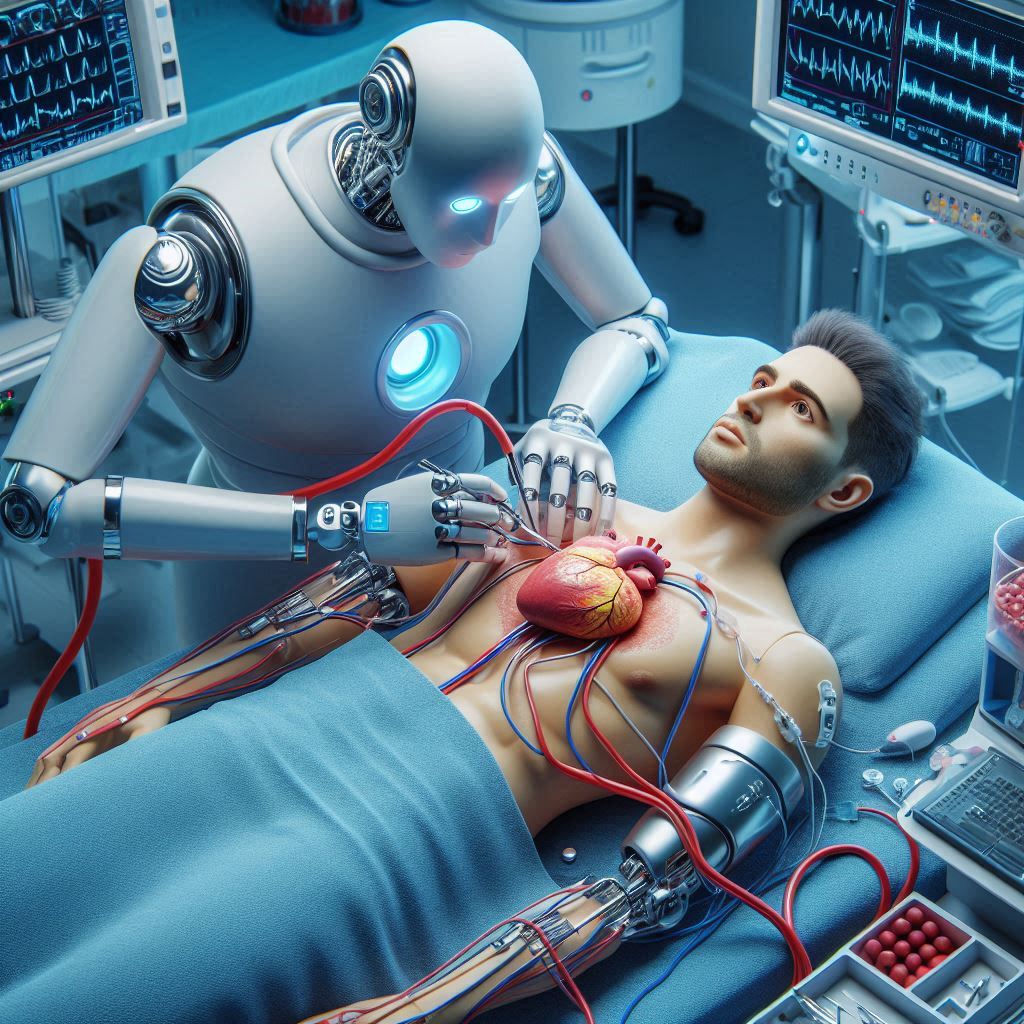 A humanoid robot with metallic arms is shown making incisions and operating on the exposed chest cavity of a human patient lying on an operating table. The robot appears to be carefully working on the patient's heart using surgical tools grasped in its robotic claws. The illustration depicts an unrealistic scenario of current AI capabilities by portraying a machine conducting an extremely delicate surgical procedure that requires a level of dexterity, precision, and medical knowledge well beyond what existing AI systems can handle.
