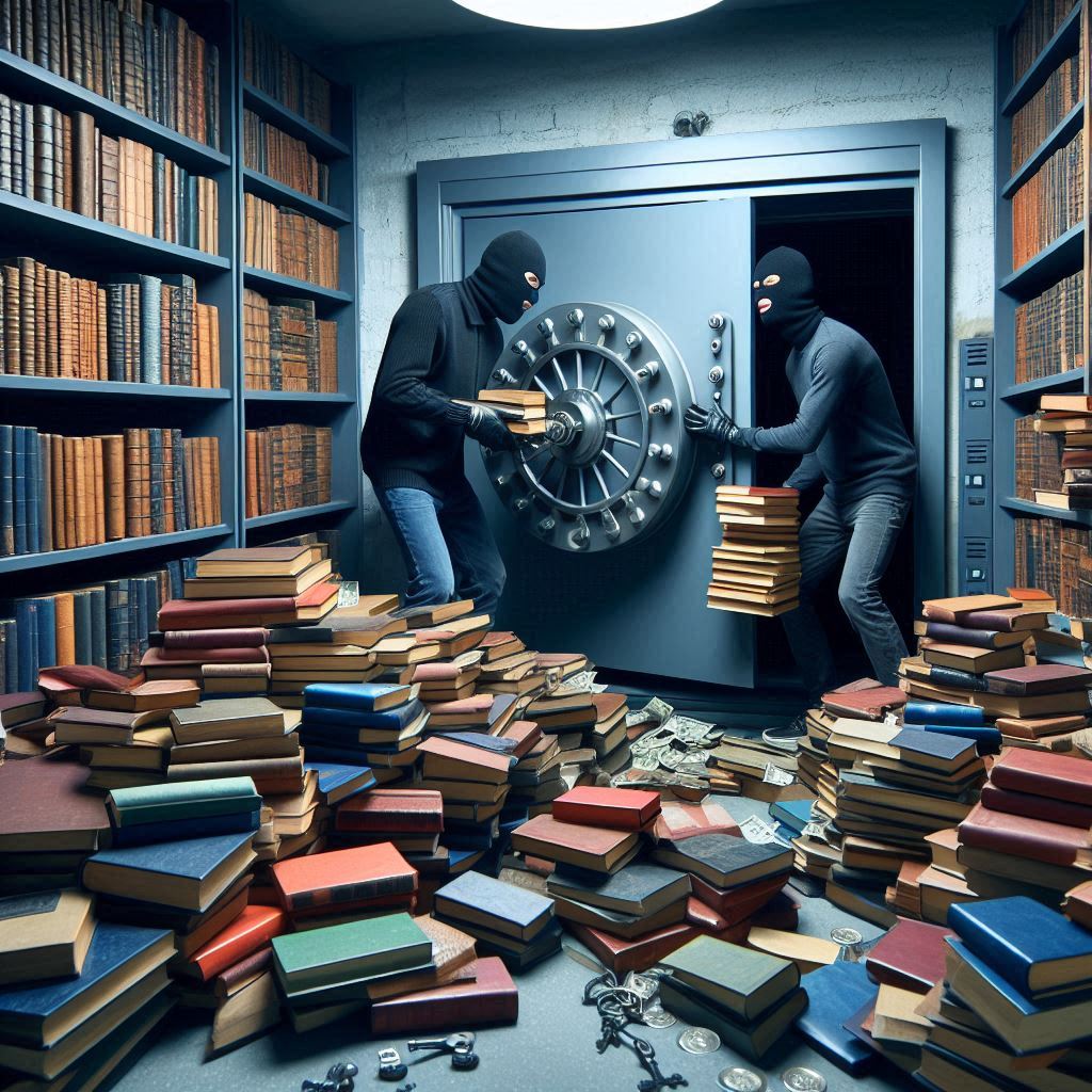 The image depicts two masked thieves inside what appears to be a bank vault. They are shoveling large stacks of books into burlap sacks instead of the expected cash or gold bars. The thieves are making off with what seems to be a literary score - books and written works representing the valuable data that large language AI models are trained on, often through appropriating copyrighted texts without permission from the rights holders. This image symbolizes the allegations that AI companies have effectively 'robbed' this intellectual property vault of human knowledge to build their language models.